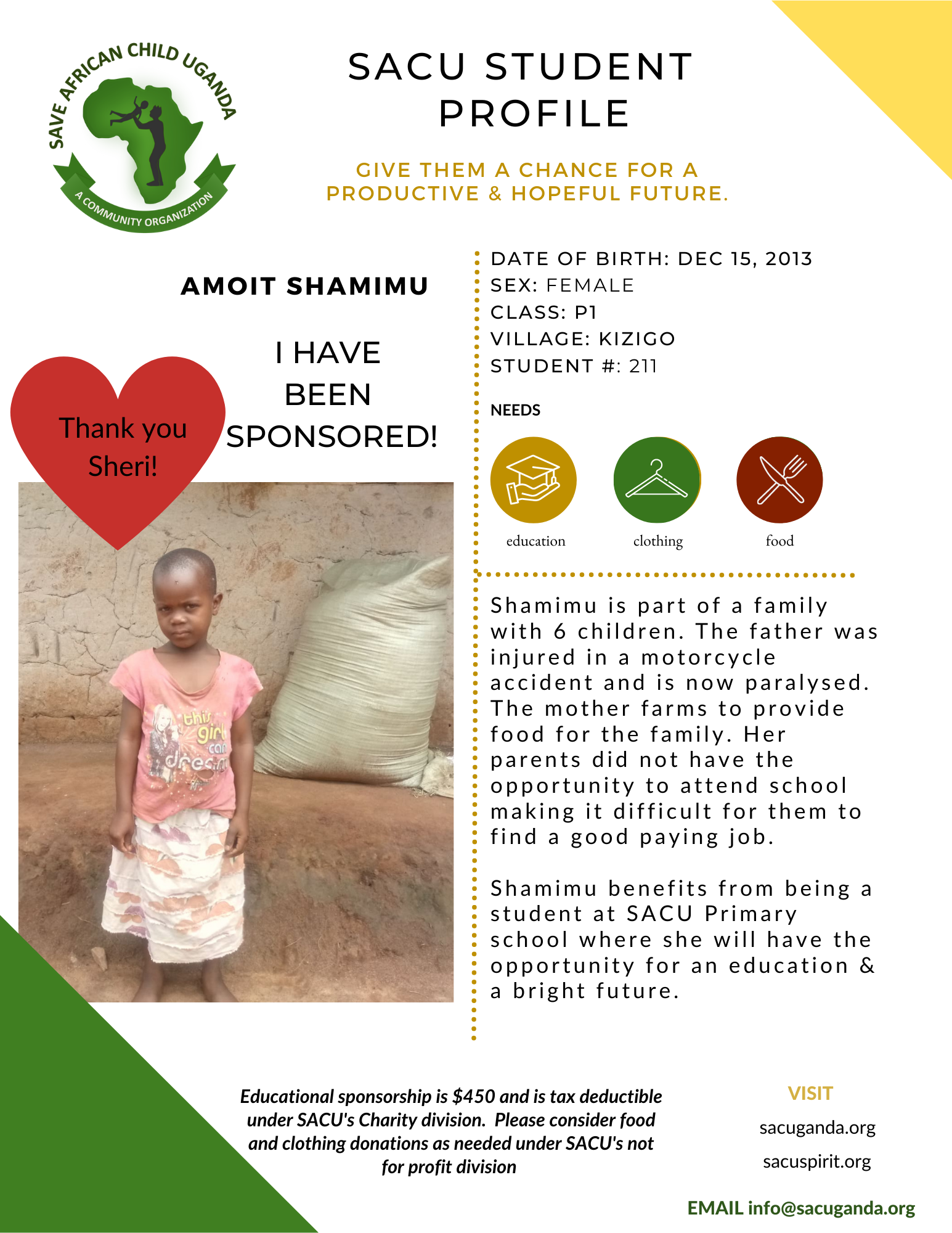 Amoit Shamimu sponsored 211 – save african child uganda